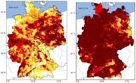 UFZ-Dürremonitor 2018_11 und 2020_10&nbsp;&copy;&nbsp;UFZ-Dürremonitor/ Helmholtz-Zentrum für Umweltforschung